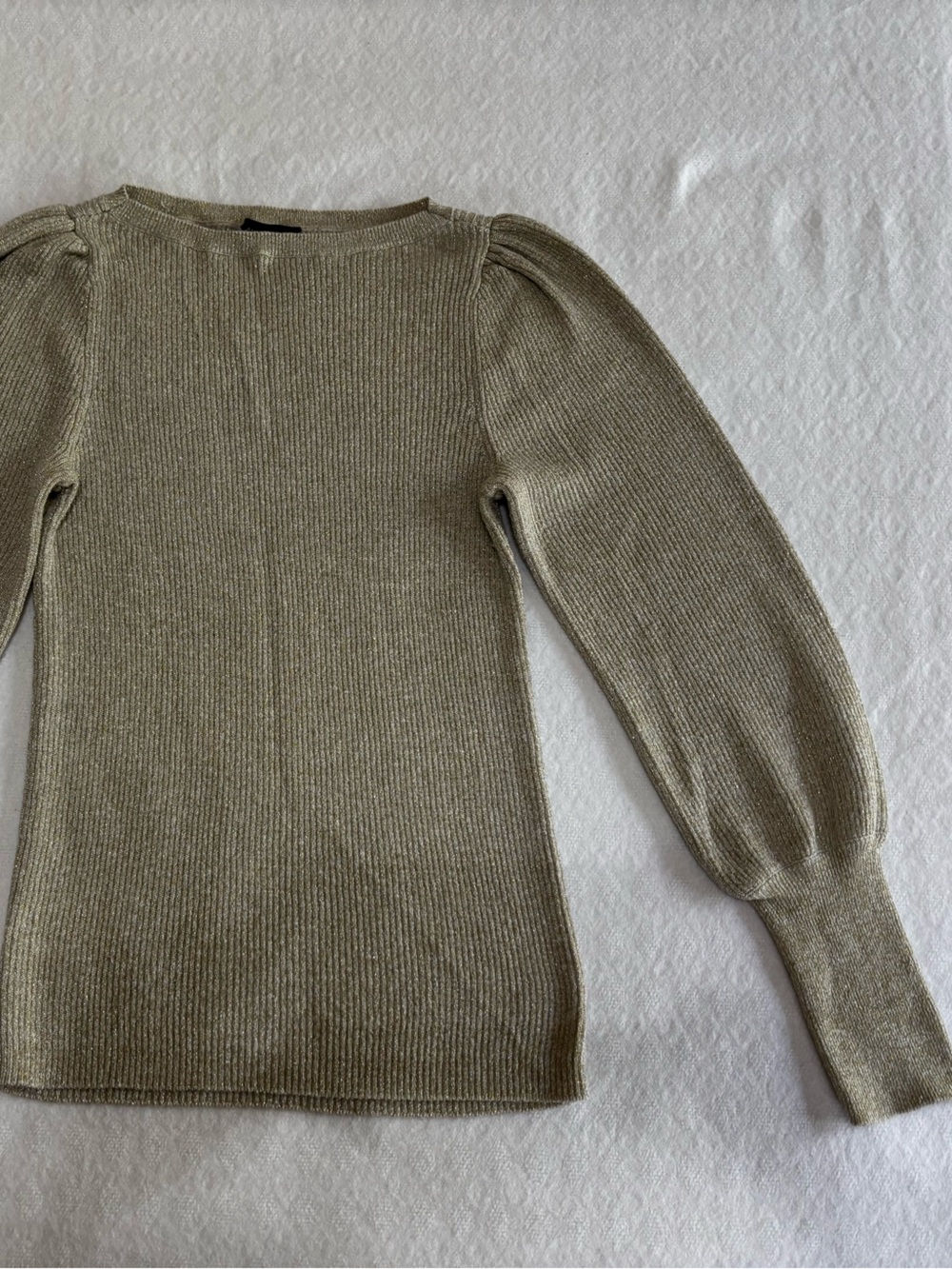 Ann Taylor Metallic Cream Ribbed Puff Sleeve Sweater